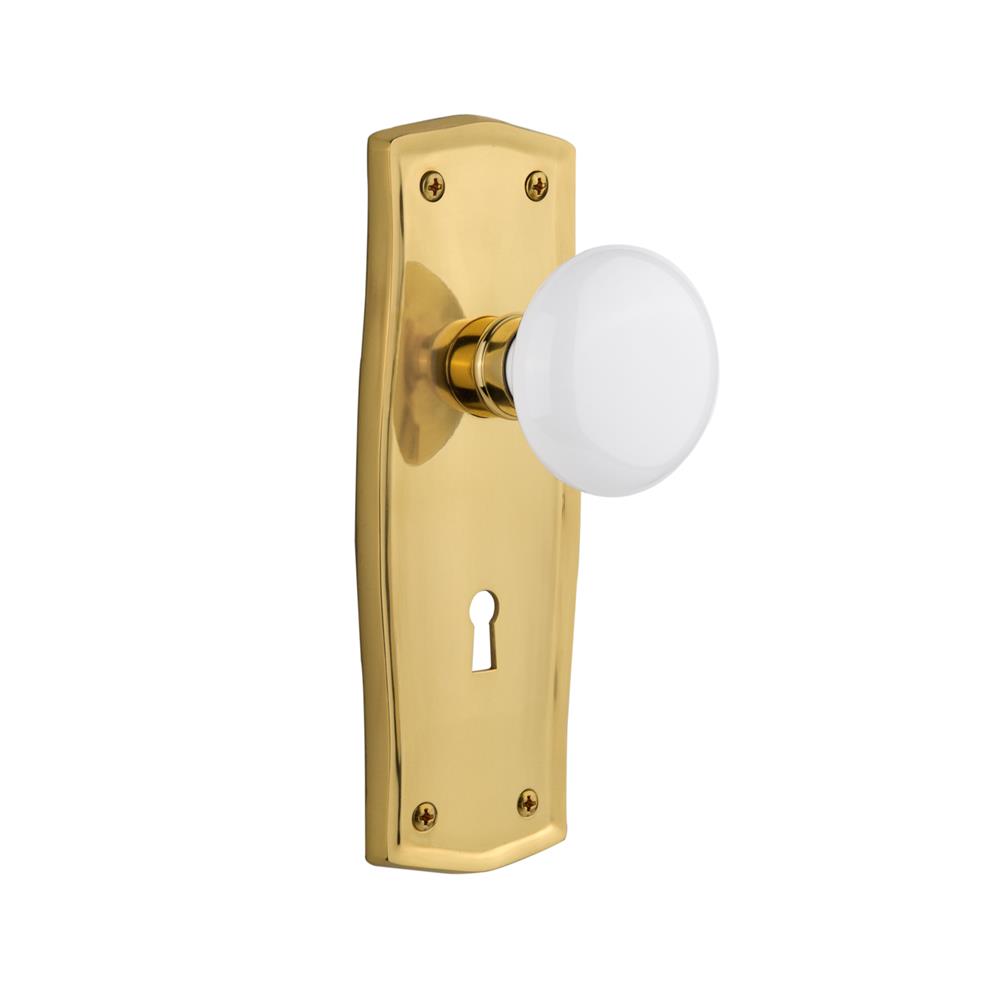 Nostalgic Warehouse PRAWHI Mortise Prairie Plate with White Porcelain Knob and Keyhole in Polished Brass